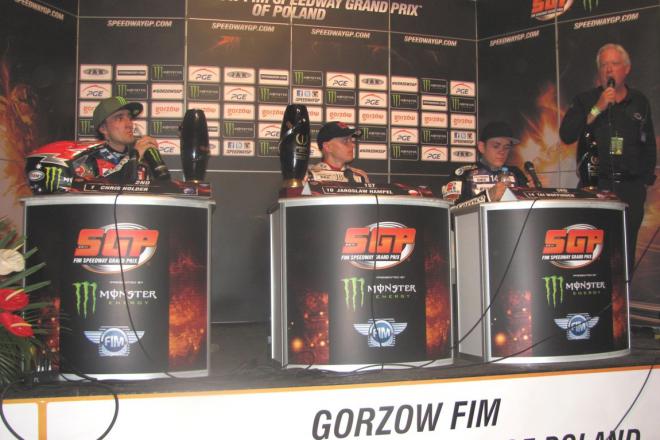Najlepsi żużlowcy gorzowskiego Grand Prix: Chris Holder, Jarosław Hampel i Tai Woffinden