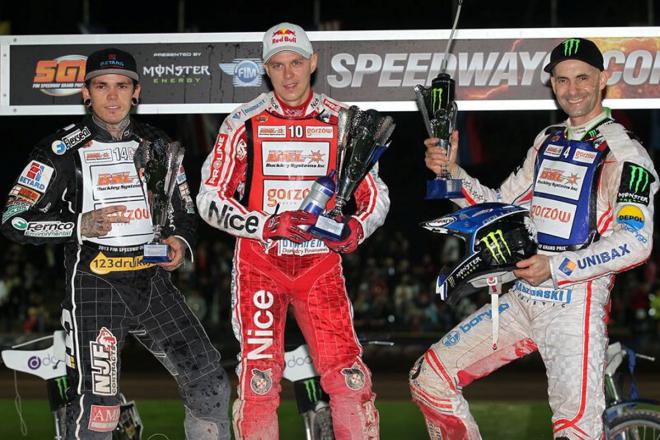 Najlepsi w Krsko. Od lewej Tai Woffinden, Jarosław Hampel i Tomasz Gollob